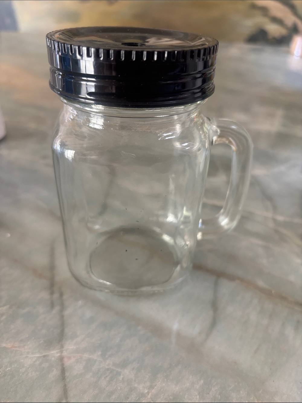 Mini Glass Mason Jar Drinking Mug with Handle and Plastic Screw-On Lid